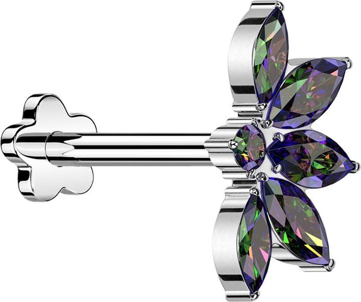 Produktbild Star Piercing Micro Threadless Labret Blume silber halbe Lotusblume silber Kristalle dunkel multicolor (Titan G23, ohne Messing)