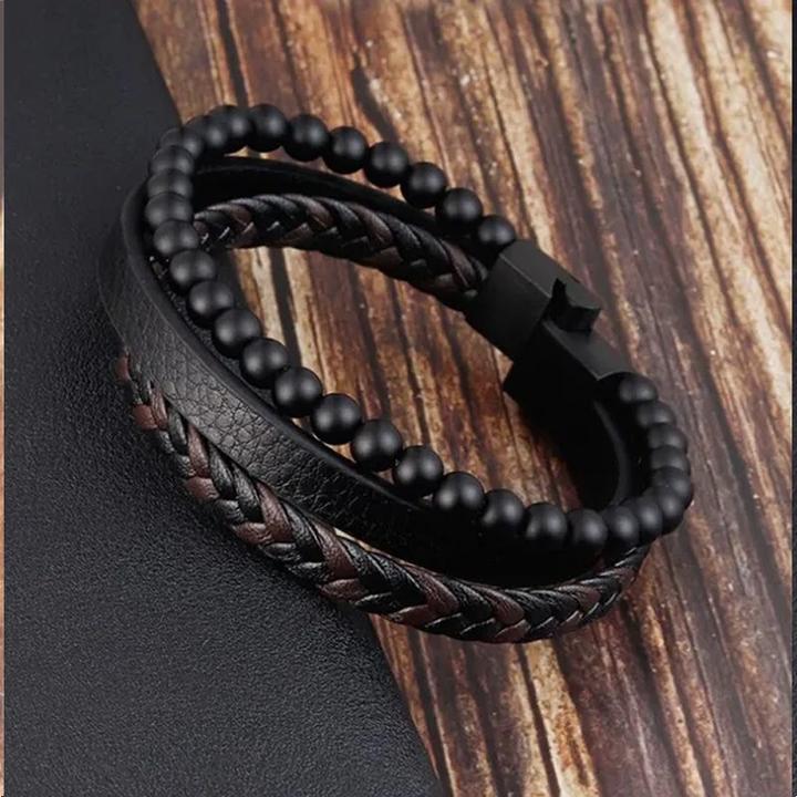 Immagine prodotto Cbx Bracciale in pelle con perline e fibbia magnetica 22 cm (22 cm, Cuoio, Acciaio inossidabile)
