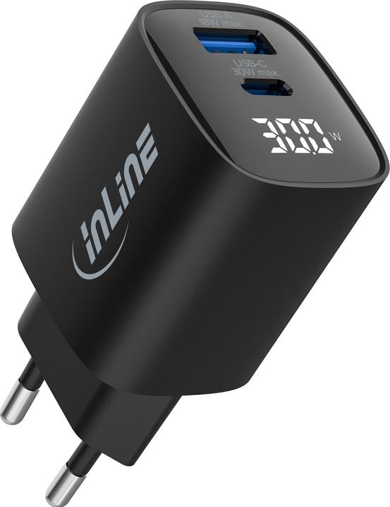 Produktbild InLine USB PD Netzteil, GaN Ladegerät, 2-Port, USB-C + USB-A, 30W, mit Display, schwarz (30 W)