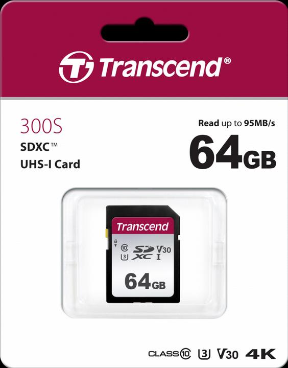 Image du produit Transcend SDXC 300S 64GB Classe 10 UHS-I U1 (64 Go, SDXC, U3, UHS-I)