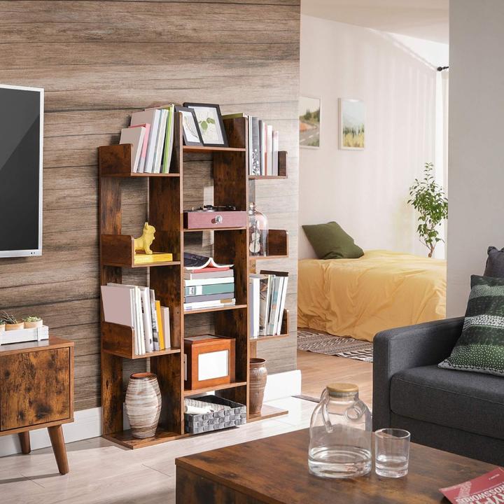 Actual product image Songmics 13 Storage Shelves Bookshelf Particleboard, Rustic Brown (86 x 25 x 140 cm)