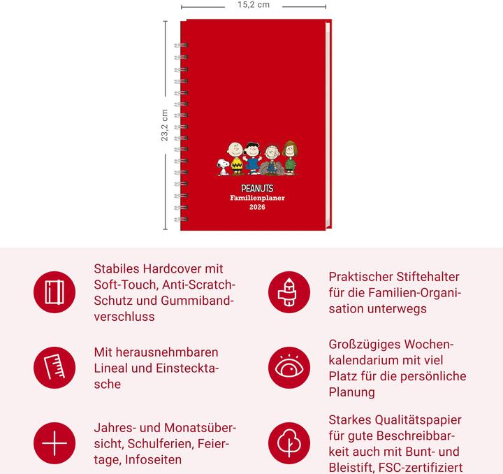 Produktbild Peanuts Familienplaner-Buch A5 2026 (15.2 x 23.2 cm, Deutsch)