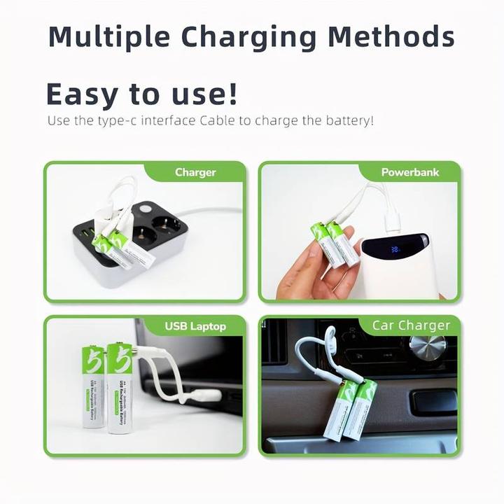 Actual product image PhoneLook Pack de 4 piles AA Lithium-Ion rechargeables en USB-C (câble inclus) (4 pcs., AA)