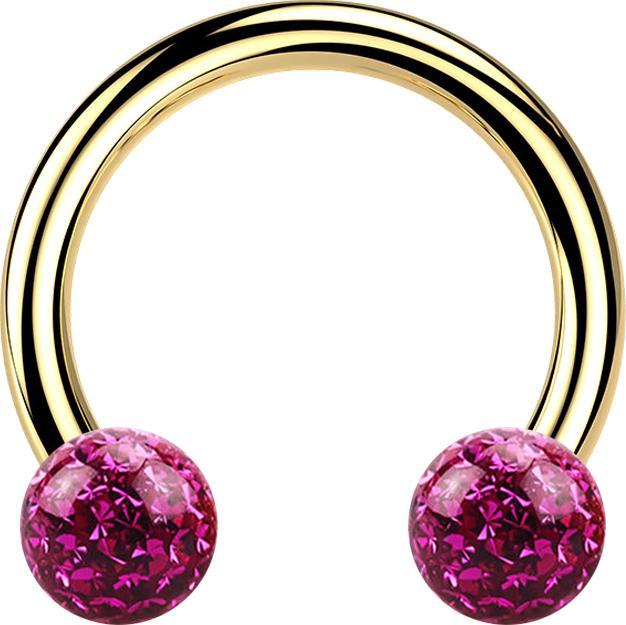 Actual product image Star Piercing Micro Circular Barbell gold-plated with two crystal balls fuchsia epoxy protective layer (without brass, Titanium G23)