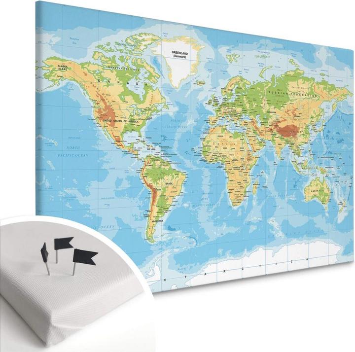 Produktbild Trenddeko mit Korkrückwand - Topografische Weltkarte (80 x 50 cm)