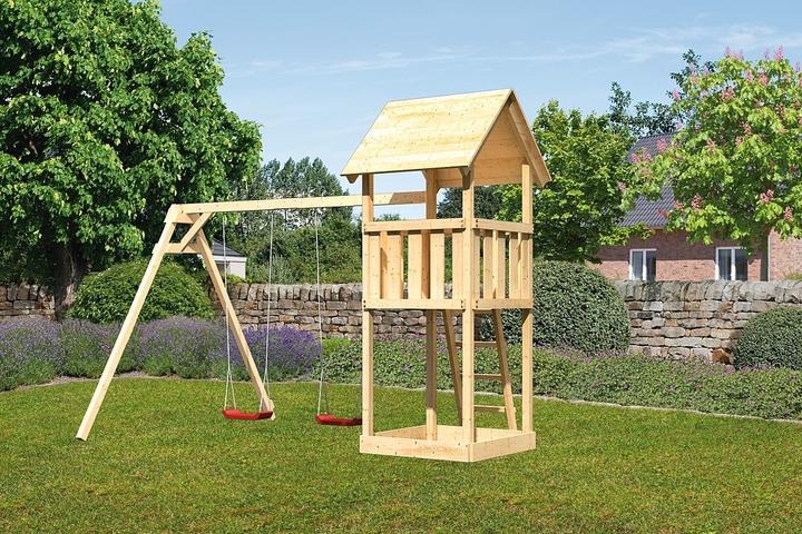 Actual product image Akubi Karibu children's play tower "Lotti" SET made of Nordic spruce, natural finish with swing extension