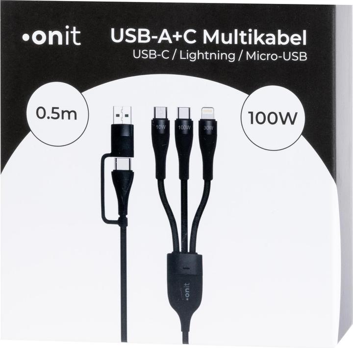 Image du produit Onit Câble USB 2.0 USB A/USB C - Lightning/Micro-USB B/USB C (0.50 m, USB 2.0)
