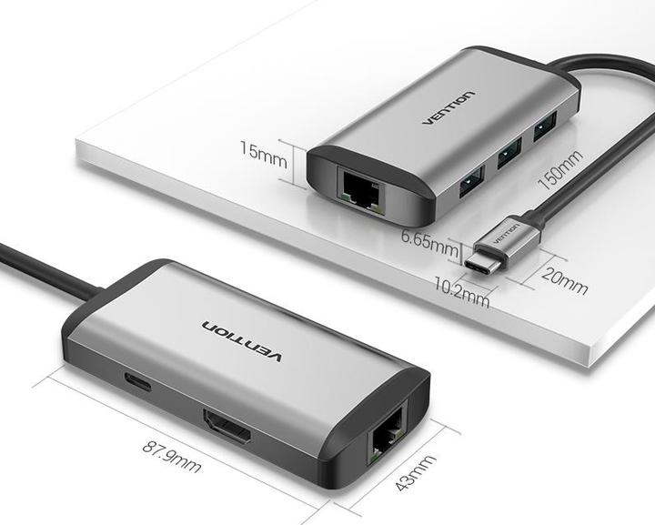 Actual product image Vention USB-C Docking Station to HDMI, 3x USB3.0, RJ45, PD 0.15m CNCHB, grey (USB-C, 4 Ports)
