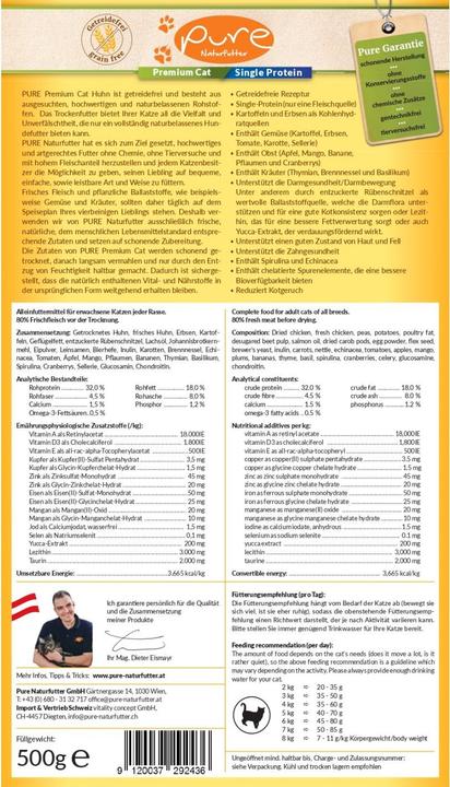 Valori nutrizionali e ingredienti Pure Naturfutter Premium Cat pollo monoproteico senza cereali (Adulto, 1 pz., 500 g)