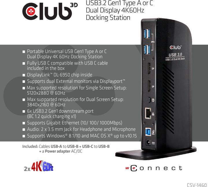 Actual product image Club 3D Dual Display Docking Station 4K60Hz (USB-B, 6 Ports)