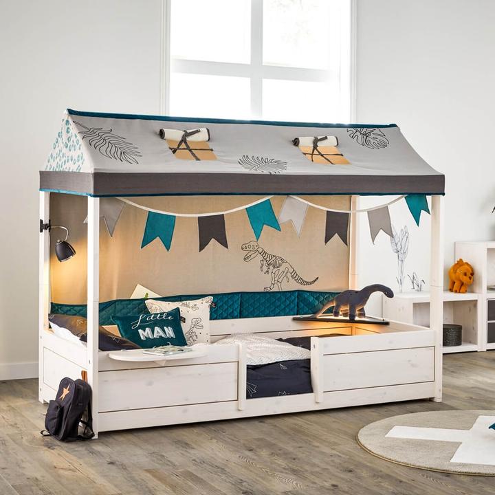 Produktbild Lifetime Kidsrooms 4 in 1 Bettkombination mit Stoffdach Dino und Rueckwand mit deluxe Lattenrost