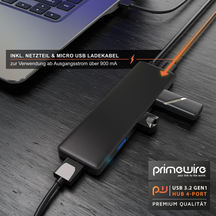 Actual product image Primewire 4-port active Ultra Slim USB 3.2 hub distributor with power supply unit (Micro USB, USB-A, 4 Ports)