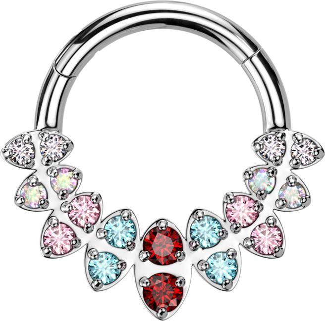 Star Piercing Micro Segmentring klappbar silber Ovale mit doppel Kristalle farbig (Messing, Chirurgenstahl 316L)