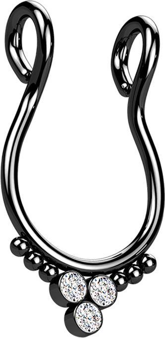 Star Piercing Fake Septum schwarz sechs Kugeln drei Kristalle silber (Chirurgenstahl 316L mit Kristall silber)