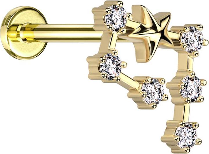 Image du produit Star Piercing Micro Labret femelle doré signe du zodiaque Verseau avec cristaux (Acier chirurgical 316L, Laiton)