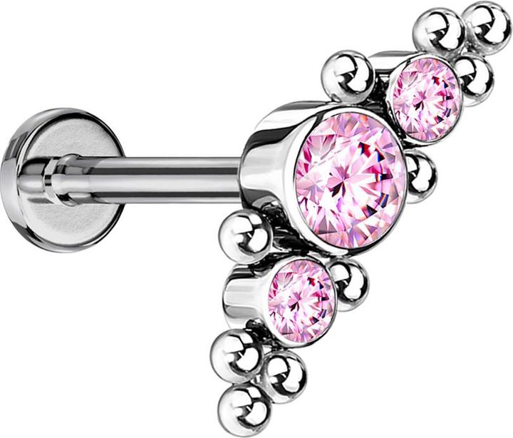 Produktbild Star Piercing Micro Threadless Labret silber mittig mit Kugeln und drei Kristalle pink (ohne Messing, Titan G23)