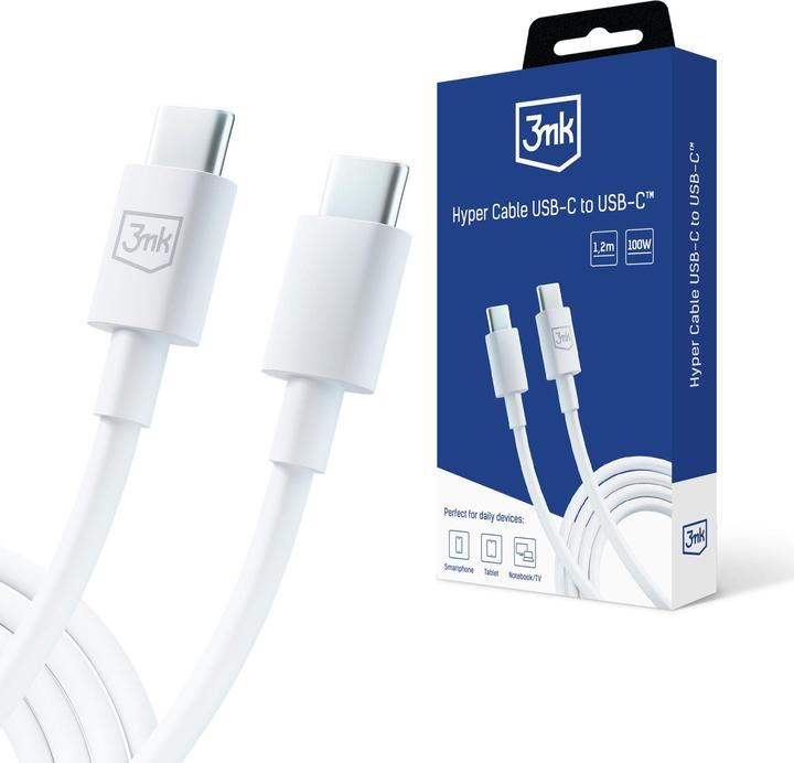 Image du produit 3MK Câble Hyper Cable USB-C - USB-C 100W 1.2m Biały/White (1.20 m, USB 3.2 Gen 1, 100 W)