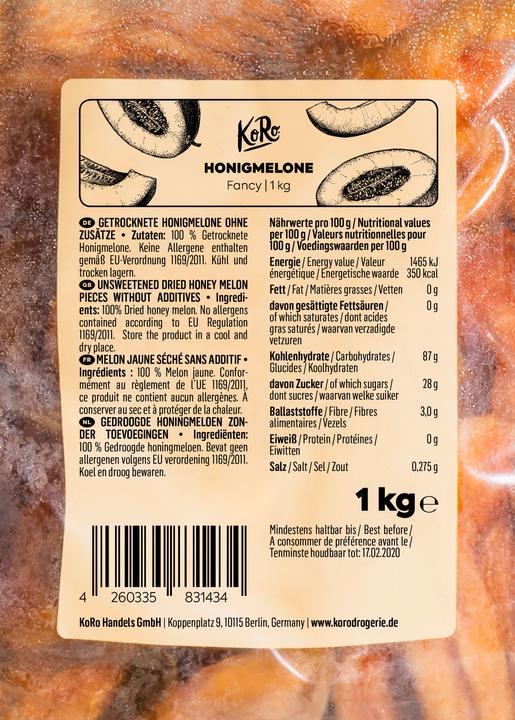 Nährwerte und Zutaten KoRo Cantaloupe-Melone in Scheiben, getrocknet (1000 g)