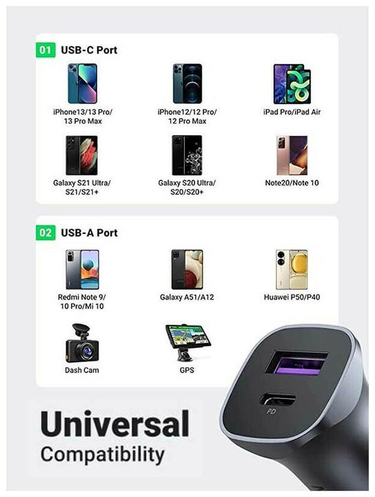 Image du produit Ugreen CD130 Car Charger, USB-A+PD 3.0, USB-C, QC3.0 30W (Grey)