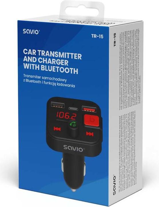Immagine prodotto Savio Trasmettitore FM Bluetooth 5.3 QC 3.0 Caricabatterie Display LED Bass Boost TR-15 schw