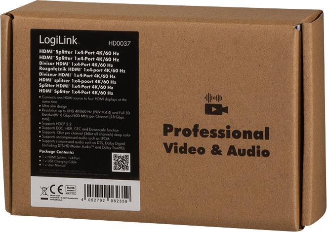 Produktbild LogiLink HD0037 HDMI Splitter 1x4-Port, 4K/60 Hz, HDCP, HDR, CEC, downscaler