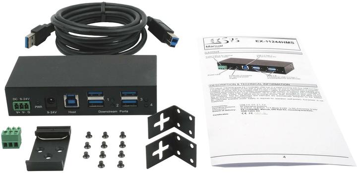 Image du produit Exsys 4 ports USB 3.2 Gen 1 HUB Boîtier métallique, câble USB 3.0, rail Din et support mural inclus (USB-B, 4 Ports)