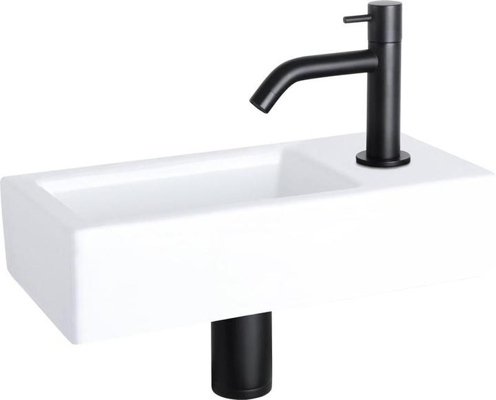 Image du produit Differnz Ravo Fonteinset - Wasbak Keramiek - Wit - Gebogen Kraan - Mat Zwart - Standaard Greep - 38.5 x 18.5 (185 mm, 385 mm)