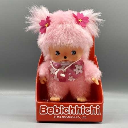 Produktbild Monchhichi Sekiguchi 242443 Original Bebichhichi Mädchen Kirschblüte, aus rosa Plüsch, mit Lätzchen und Zöpfen (16 cm)