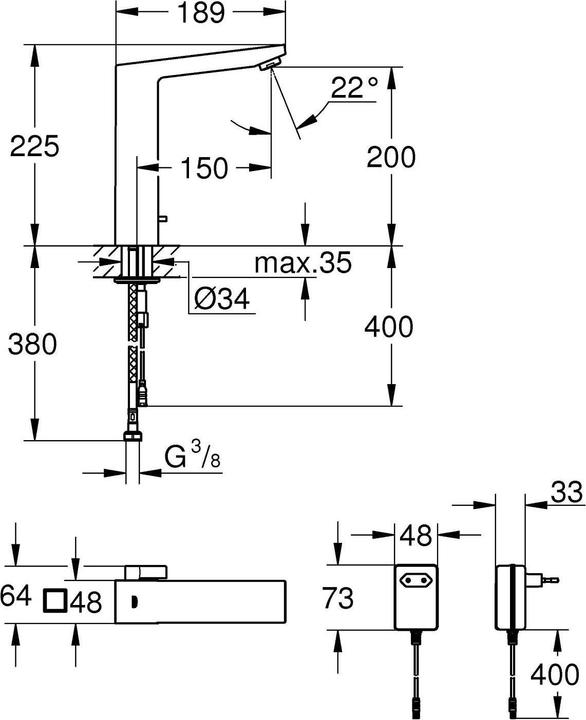 Image du produit Grohe Eurocube E Mitigeur de lavabo à infrarouge avec régulation de température, alimentation secteur