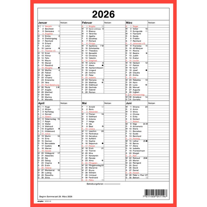 Nutritional values and ingredients Simplex Kalender mit Namenstagen A4 Hochformat, 2026 (A4, Hardcover, German)