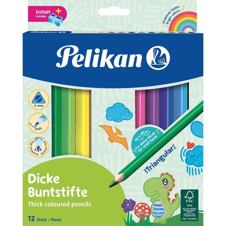 Produktbild Pelikan Buntstifte Jumbo dreieckig (Hellgrün, Dunkelblau, Orange, Dunkelgrün, Violett, Rot, Hautfarbe, Schwarz, Gelb, Pink, Hellblau, Braun, 12 x)