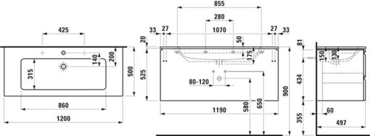 Immagine prodotto Laufen Pro S Set 1200, lavabo, 2 fori per rubinetto, troppopieno, incluso mobiletto, 2 cassetti, 120