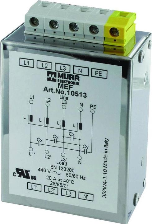Produktbild Murr Elektronik MEF Netzentstörfilter 3-phasig 1-stufig mit N I:20A U:4x440 VAC aufschnappbar