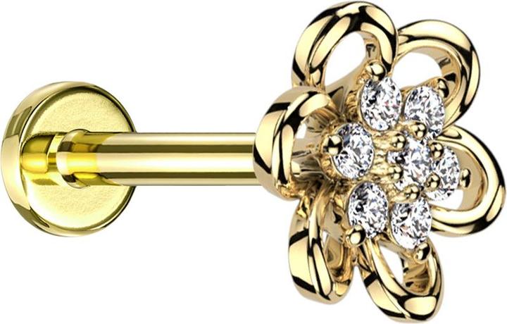 Immagine prodotto Star Piercing Micro labret filo interno placcato oro cristalli a fiore cavo argento (Acciaio chirurgico 316L)