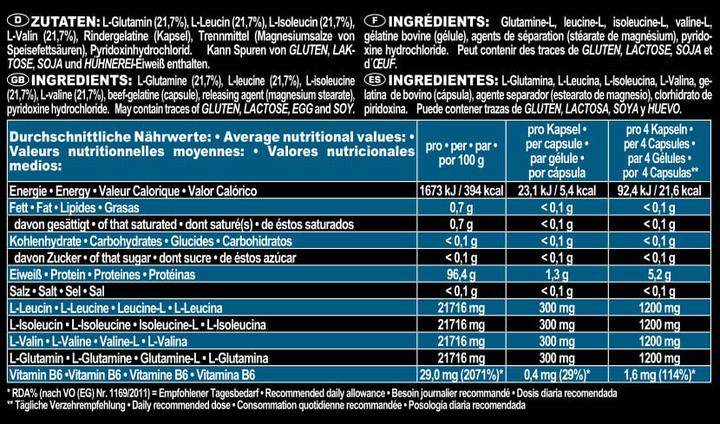 Nutritional values and ingredients IronMaxx BCAAs and glutamine 1200 (260 Piece, Capsules, 357 g)