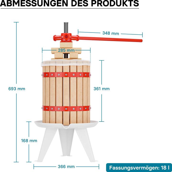 Produktbild Wiltec Obstpresse 18l mit 3x Presstuch Maischepresse Weinpresse Saftpresse