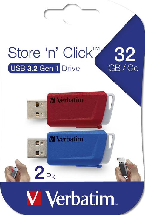 Productafbeelding Verbatim USB-stick 2x 32GB 3.2 Store'n Click Gen1 rood/blauw extern verkooppunt (32 GB, USB-A)