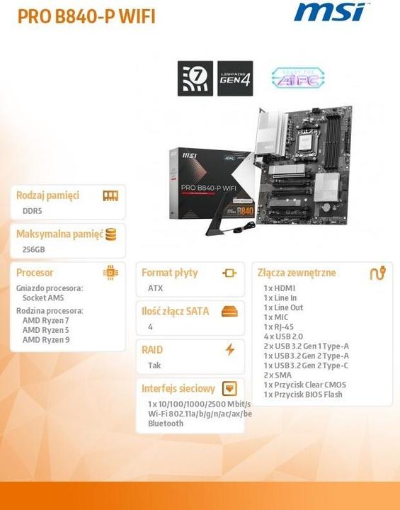 Actual product image MSI PRO B840-P WIFI (AM5, AMD B840, ATX)