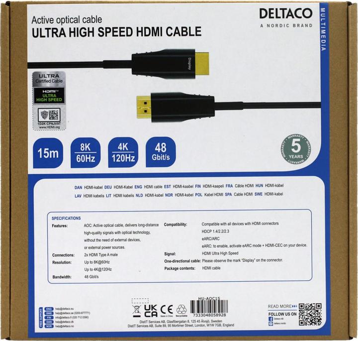 Energy Label Deltaco - AOC HDMI Cable - Ultra High Speed Gecertificeerd - 15 metre - Zwart (15 m, HDMI)