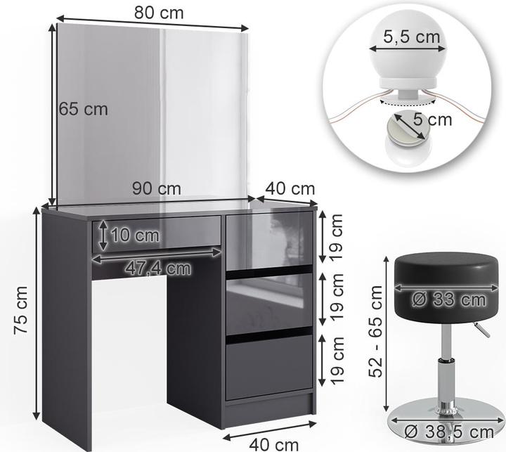 Actual product image Vicco Sherry with stool and lighting (90 x 75 x 40 cm)
