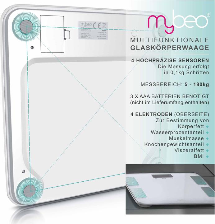 Produktbild Mybeo Digitale Körperfettwaage, LCD-Display, 7 Indikatoren. max. 10 Profile, Diagnosewaage, Analysewaage (180 kg)