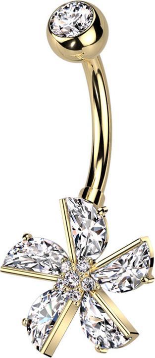 Produktbild Star Piercing Banane vergoldet mit Kugel Kristall silber und Blume Kristalle silber (Chirurgenstahl 316L, Messing)