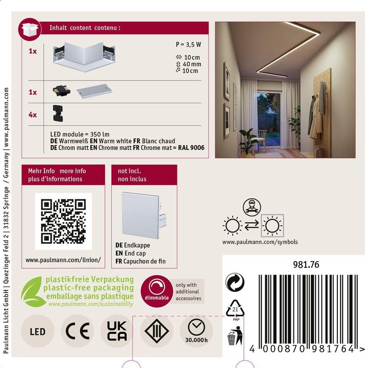 Productafbeelding Paulmann Lichtkanalsystem Linion Lichtkanal Ecke (350 lm)