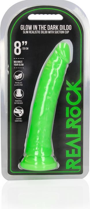 Actual product image RealRock Slim Dildo Suction Cup - GitD - 8" / 20 cm - Neon Green