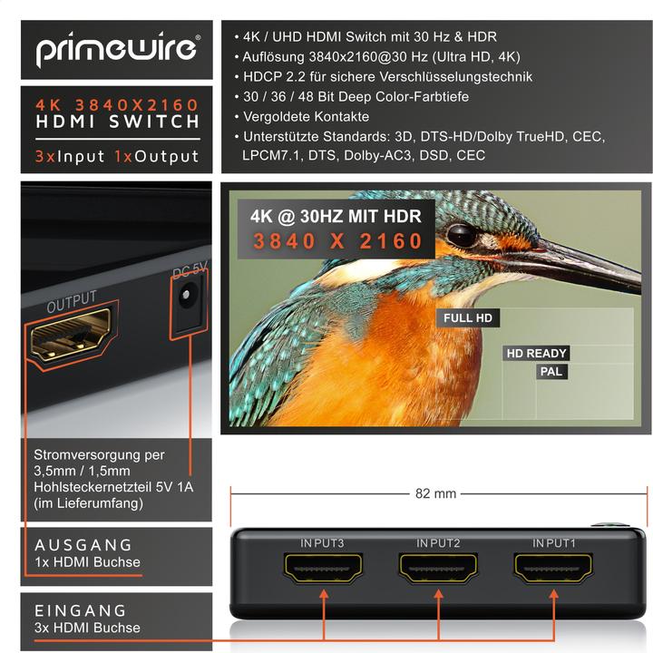 Produktbild Primewire HDMI Switch 4k Ultra HD, 3 Port Verteiler mit Fernbedienung, 4K, 3D, CEC, ARC