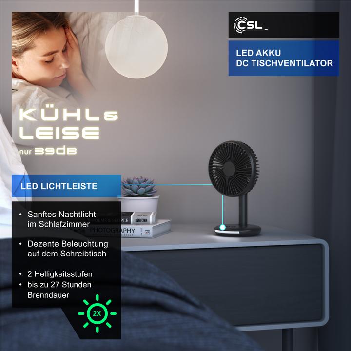 Produktbild CSL Akku Tischventilator, USB Mini Desk Fan, Schreibtischventilator, sehr leise, neigbar, mobiler Lüfter (46.50 dB)