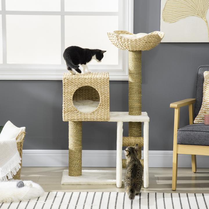 Actual product image PawHut Cat tree with cat cave (100.50 cm, White + nature)