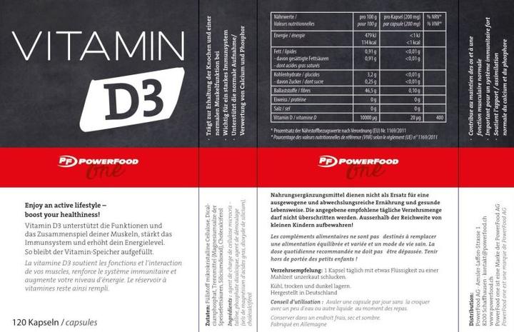 Valeurs nutritives et ingrédients PowerFood One Vitamine D3 (120 pièce(s), Cachets, 522 g)