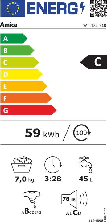 Energie-Label Amica WT 472 710 ws Toplader C 7kg 1200U 16Prg Aquastop 87,5x40x61cm (7 kg)