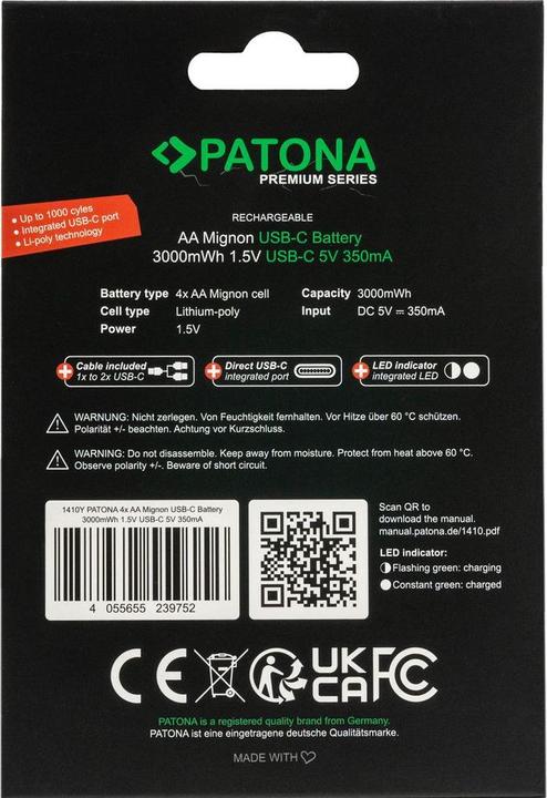 Image du produit Patona Premium 4x Micro AA USB-C (4 pcs, AA, 2000 mAh)